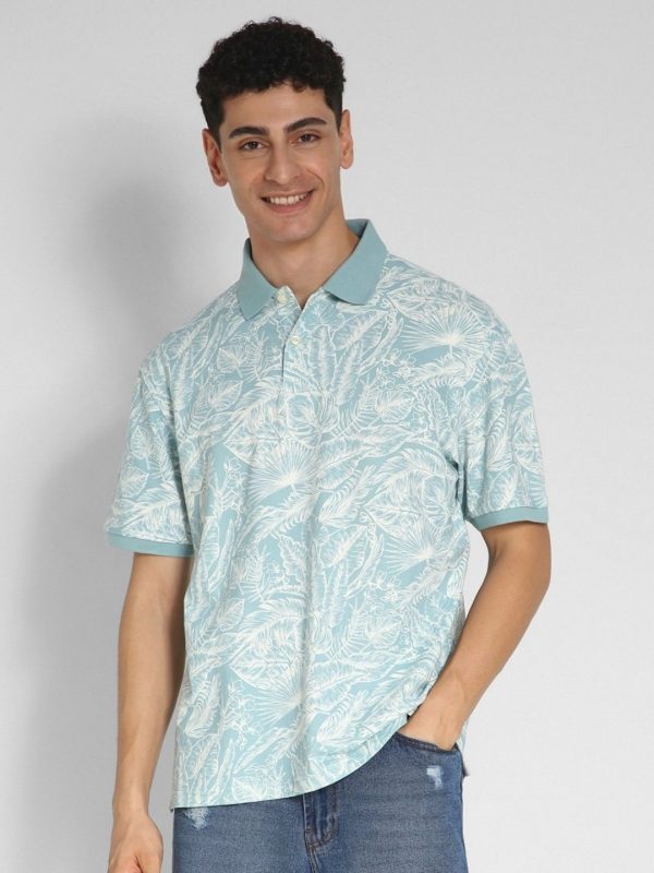 American Eagle Outfitters Men's Sea Green Leaf Print Polo T-Shirt