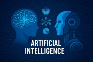 Artificial Intelligence concept with futuristic technology icons and digital brain illustration"