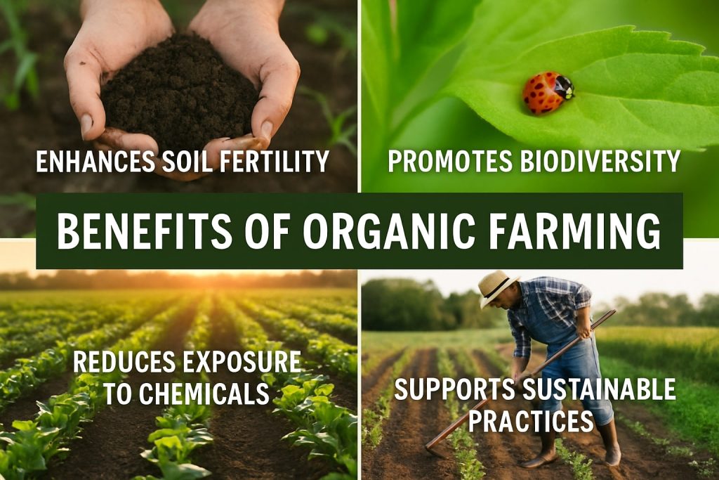 "Visual guide to organic farming benefits including natural pest control, biodiversity, and healthy food production."