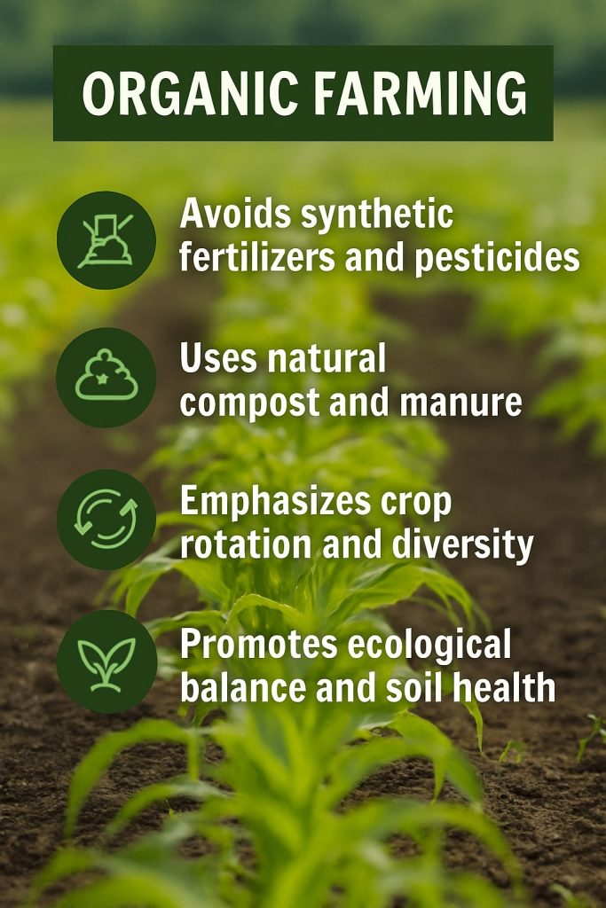 "ORGANIC FARMING - An informative infographic highlighting benefits such as improved soil health, eco-friendly practices, no chemical pesticides, sustainable agriculture, and higher nutritional value in crops, with icons and visuals representing natural farming techniques."